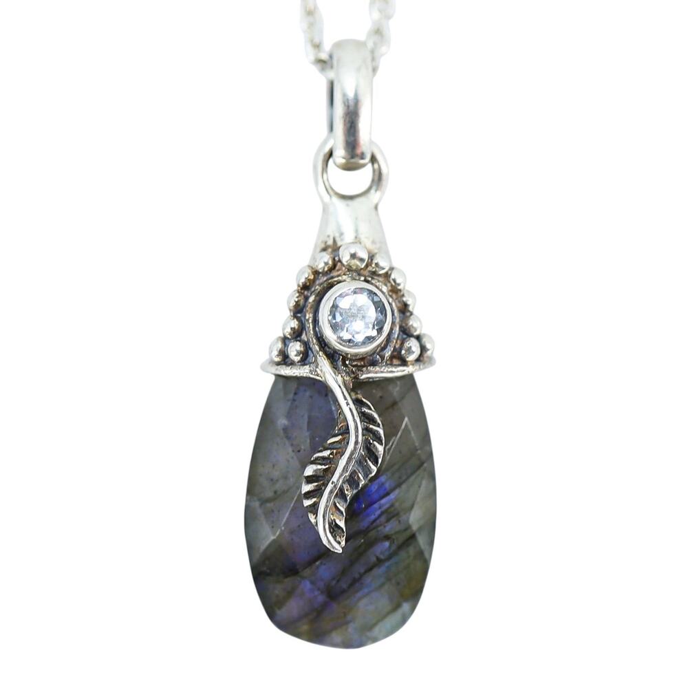 Labradorite Blue Flash Faceted Pendant Necklace Sterling Silver Leaf Artisan